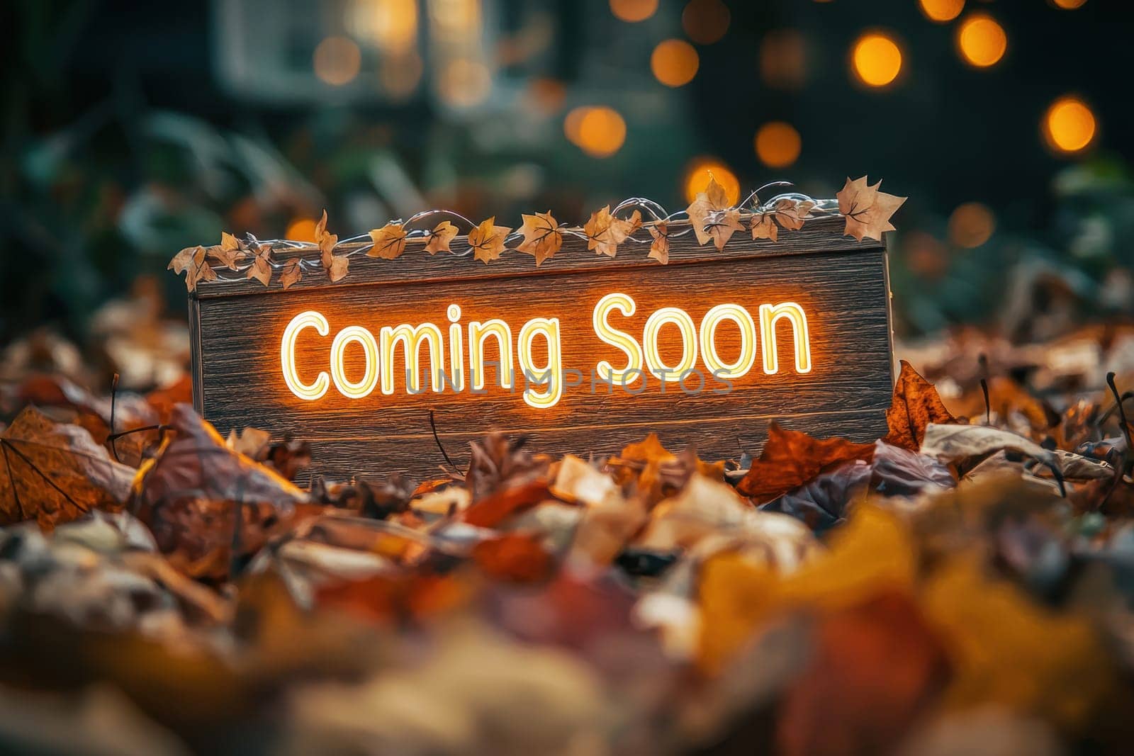 Glowing coming soon sign on a wooden board, adorned with autumn leaves and warm lighting, creates an inviting atmosphere. ideal for seasonal promotions, marketing materials, and designs celebrating the fall season.