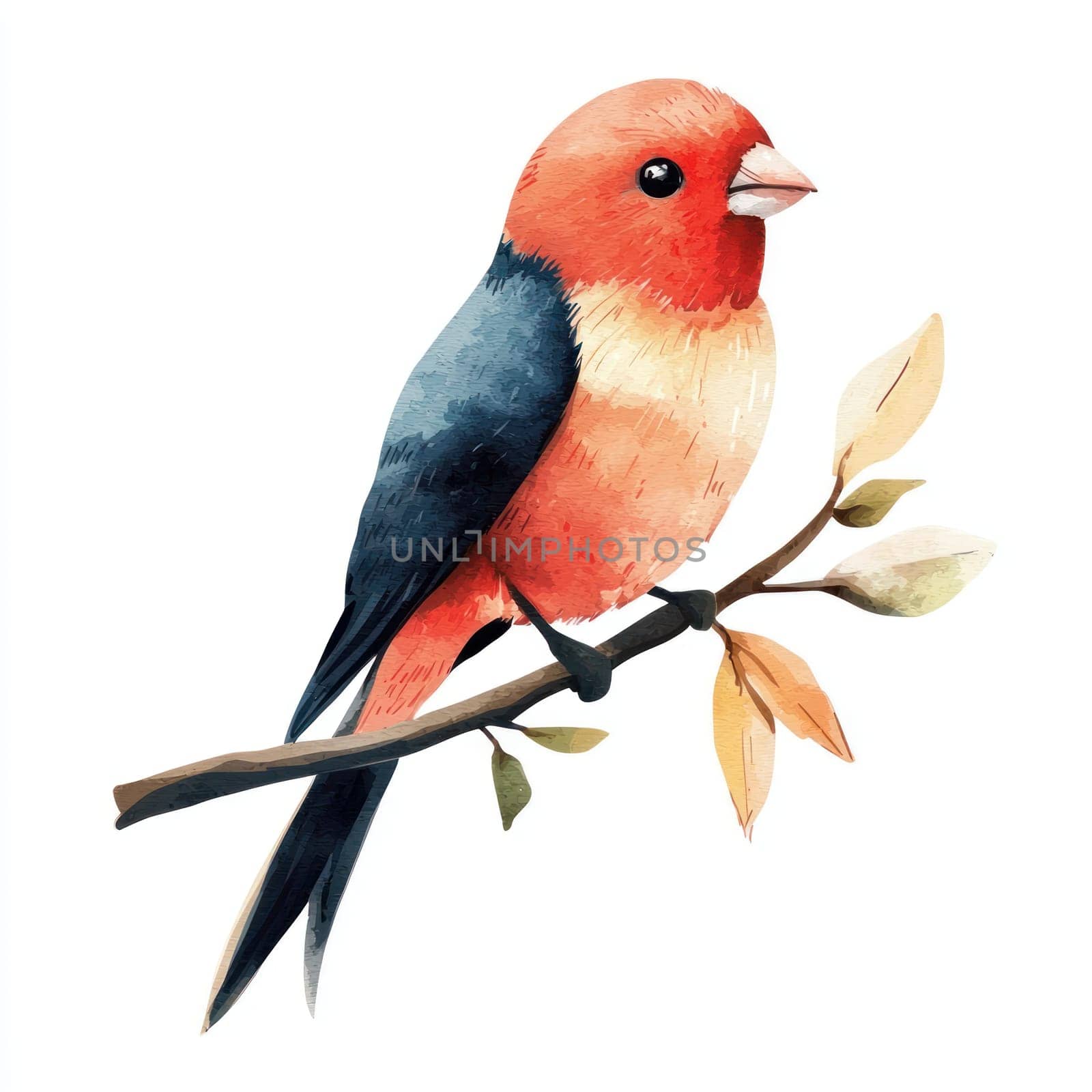 A vibrant lovebird perched on branch, showcasing its colorful plumage and delicate leaves