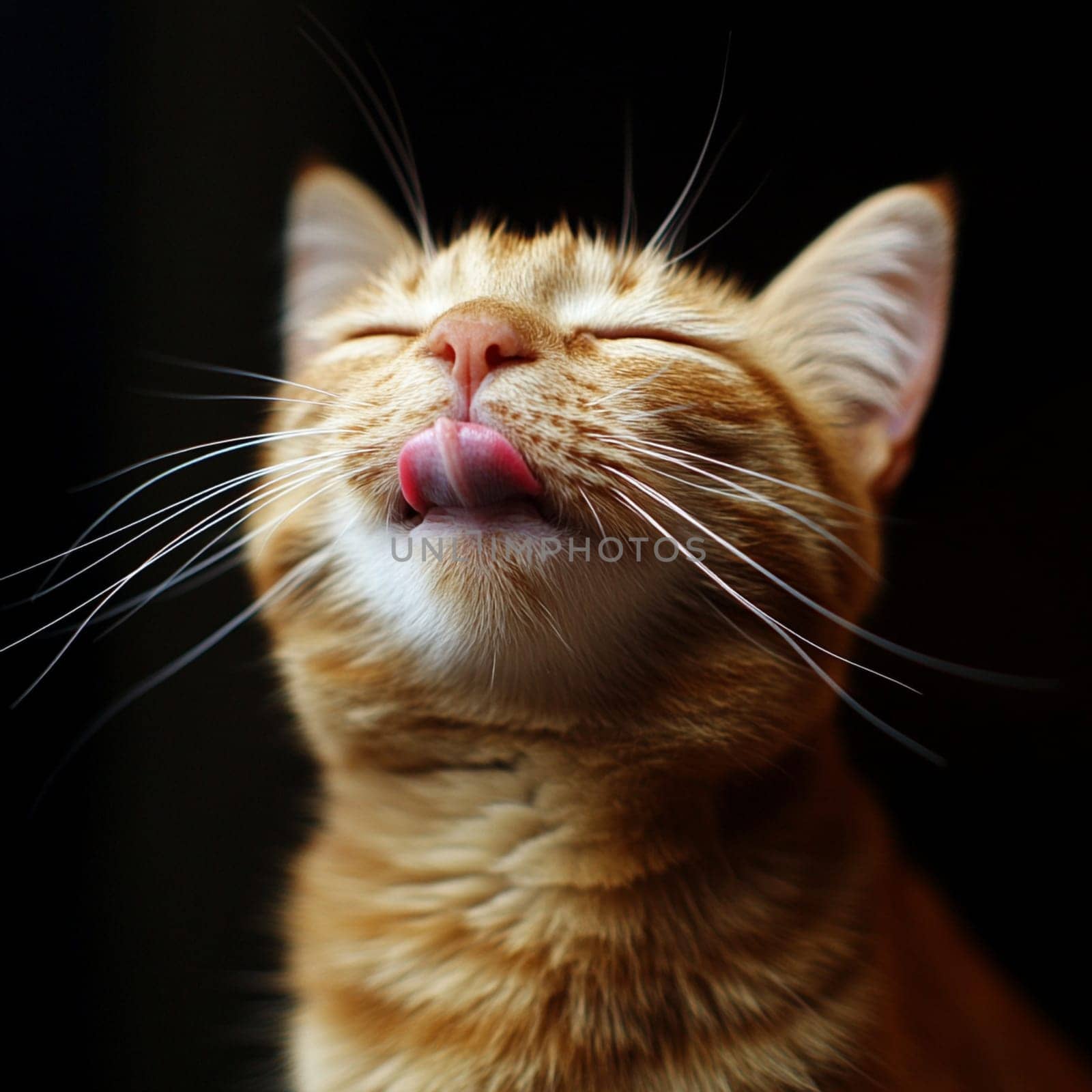 A joyful orange cat with its eyes closed relishes a delightful moment, showcasing its playful tongue.