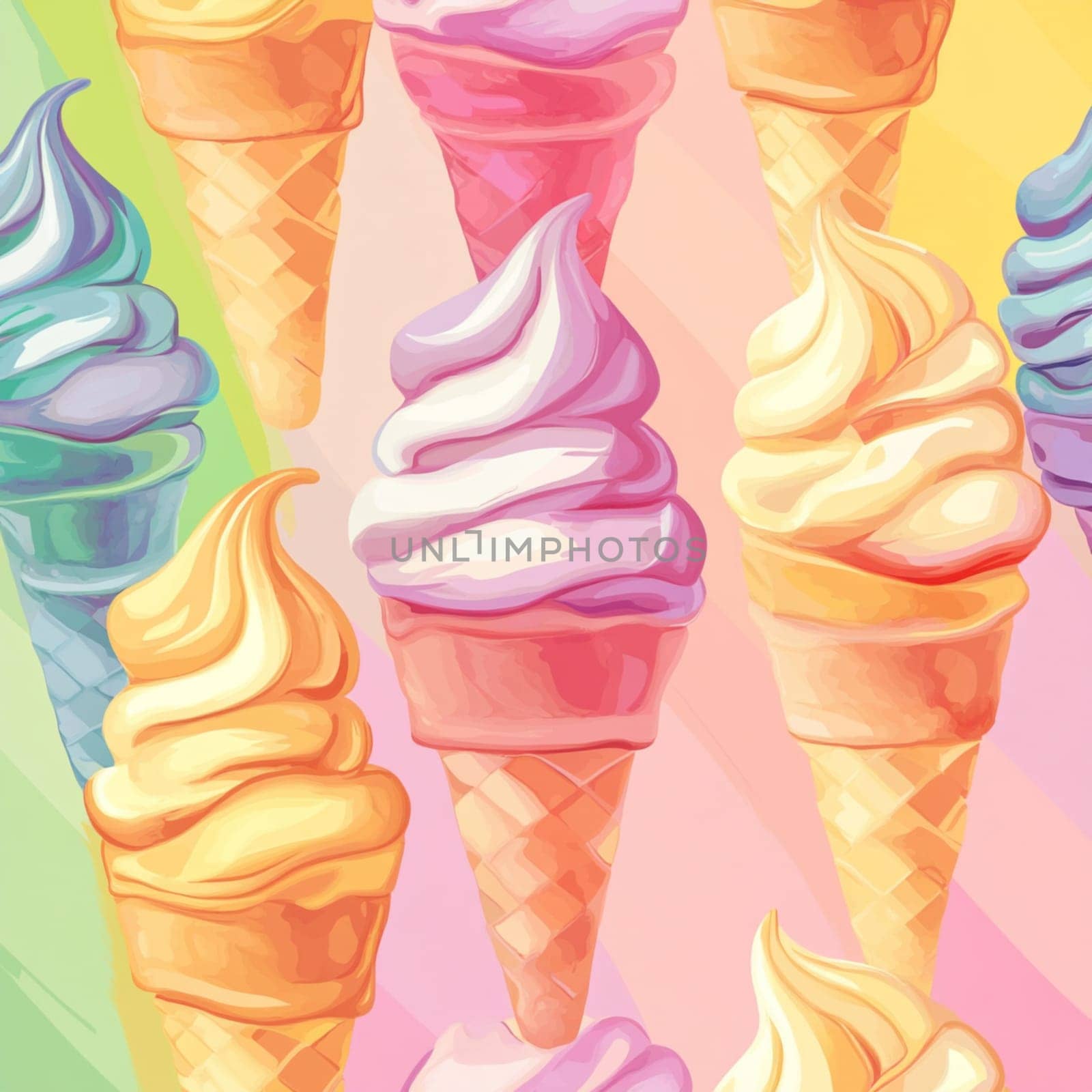 Colorful soft serve ice cream cones stand proudly, showcasing an array of delightful flavors in a cheerful backdrop.