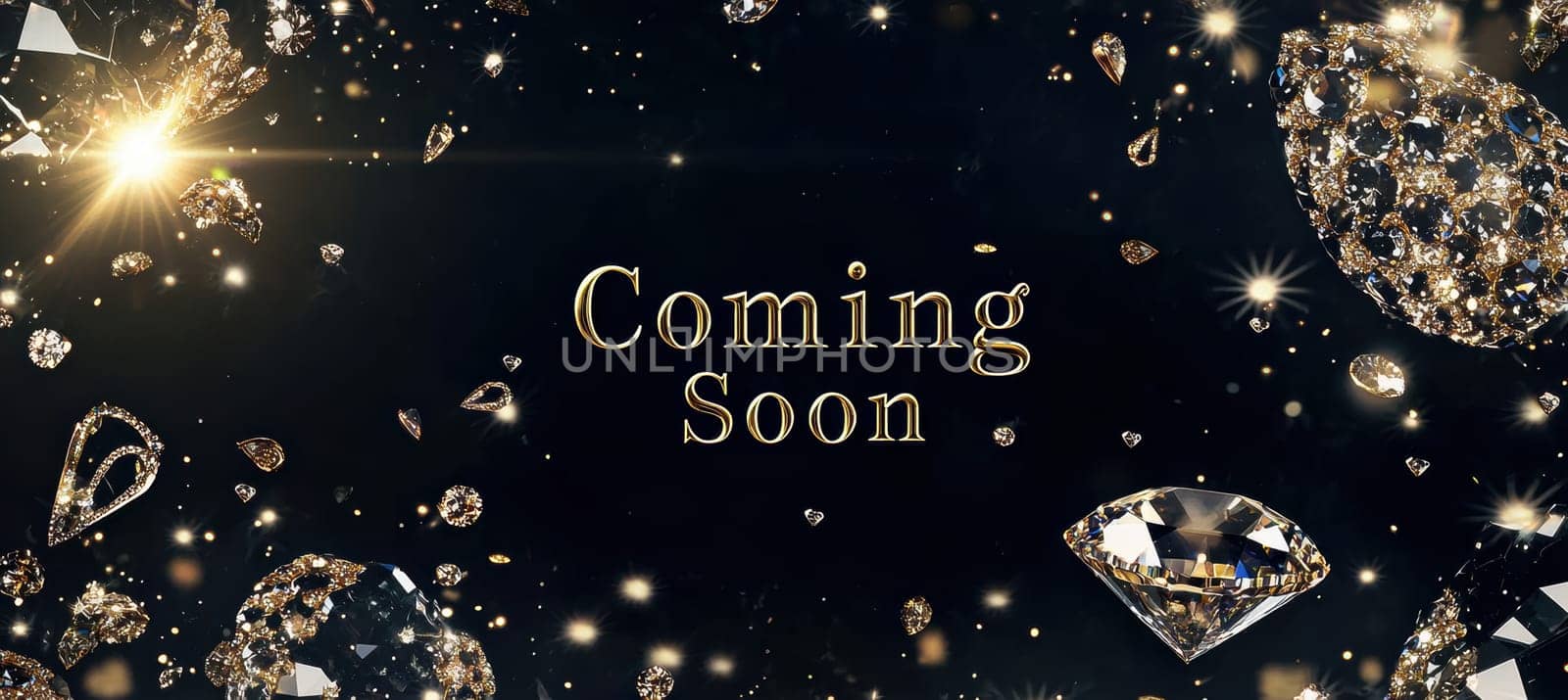 Elegant banner featuring a coming soon message for a jewelry launch. surrounded by sparkling diamonds and golden accents against a lush dark velvet background, it opulence and anticipation of the upcoming event.