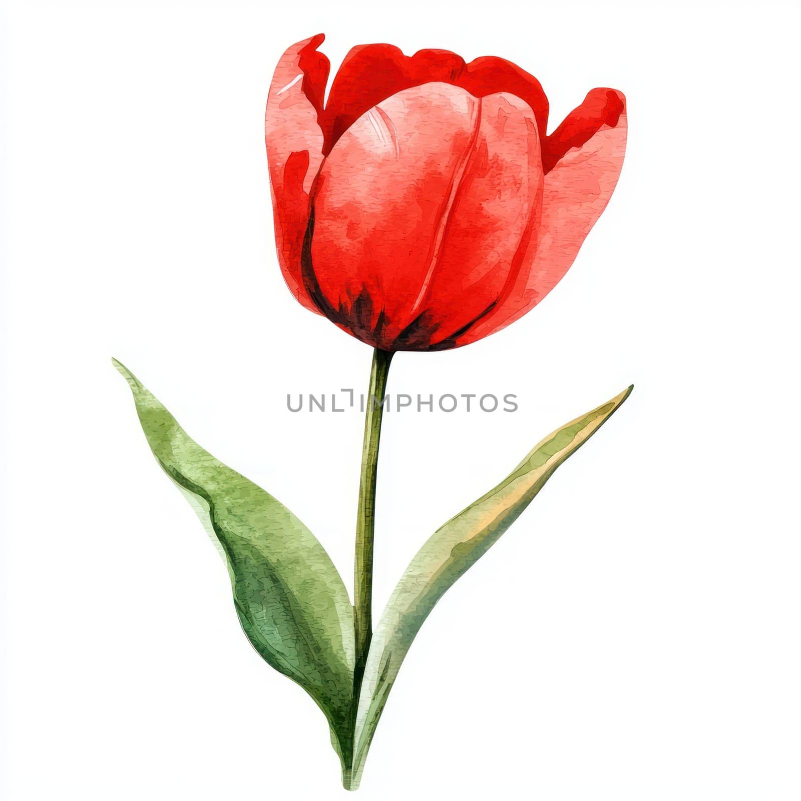A vibrant red tulip stands tall with green leaves, showcasing its beauty and elegance. This watercolor style artwork captures essence of nature