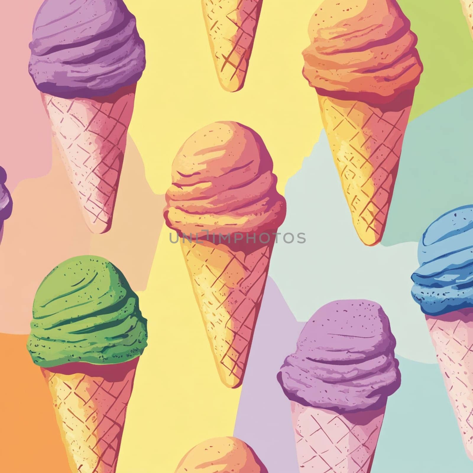Delightful assortment of swirled ice cream cones in pastel colors arranged over a cheerful backdrop.