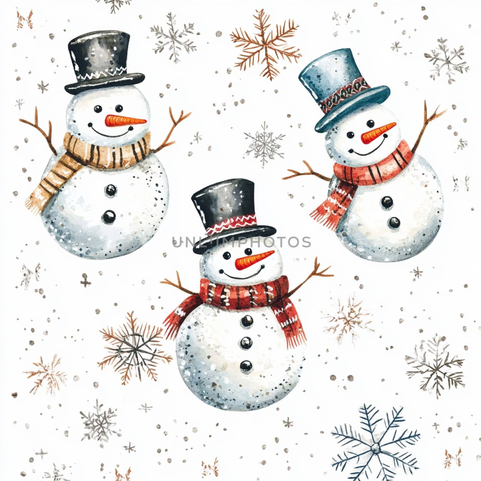 Three playful snowmen adorned with vibrant scarves and hats fill the winter landscape with joy and charm.