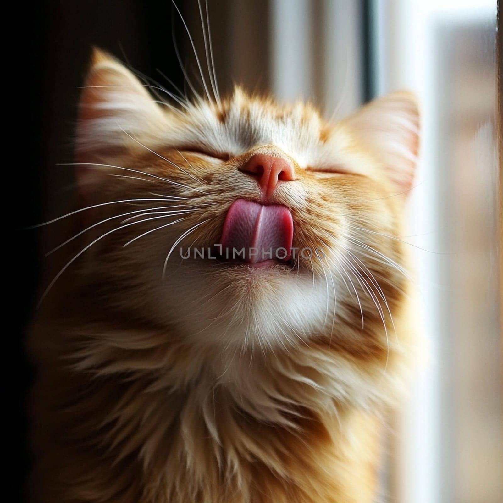 A happy orange cat sits by the window, basking in sunlight and licking its nose with curiosity.
