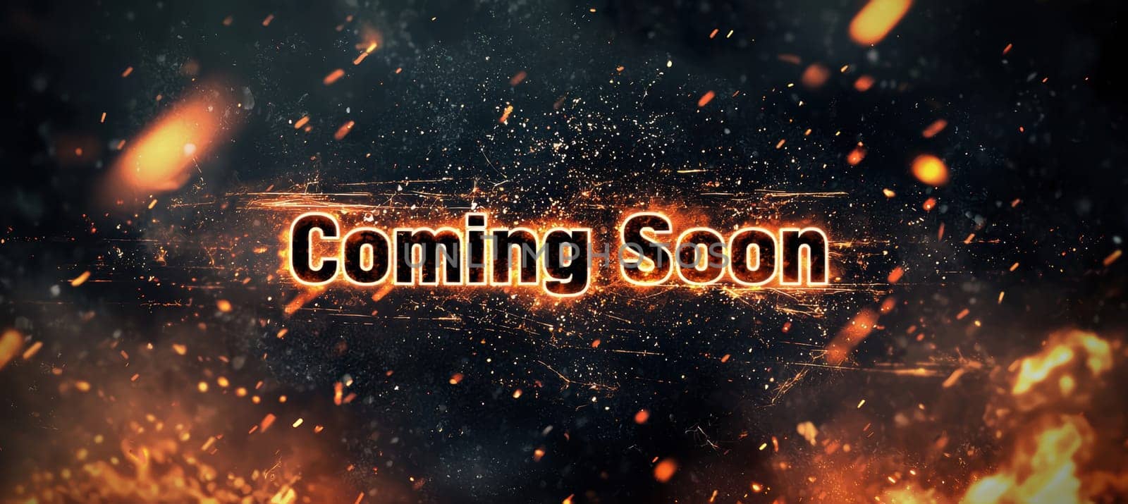 Dramatic coming soon banner set against a dark backdrop illuminated by glowing embers and fiery sparks. the bold central text stands out, ideal for announcing upcoming movies or games. perfect for posters, promotional materials, and marketing designs.