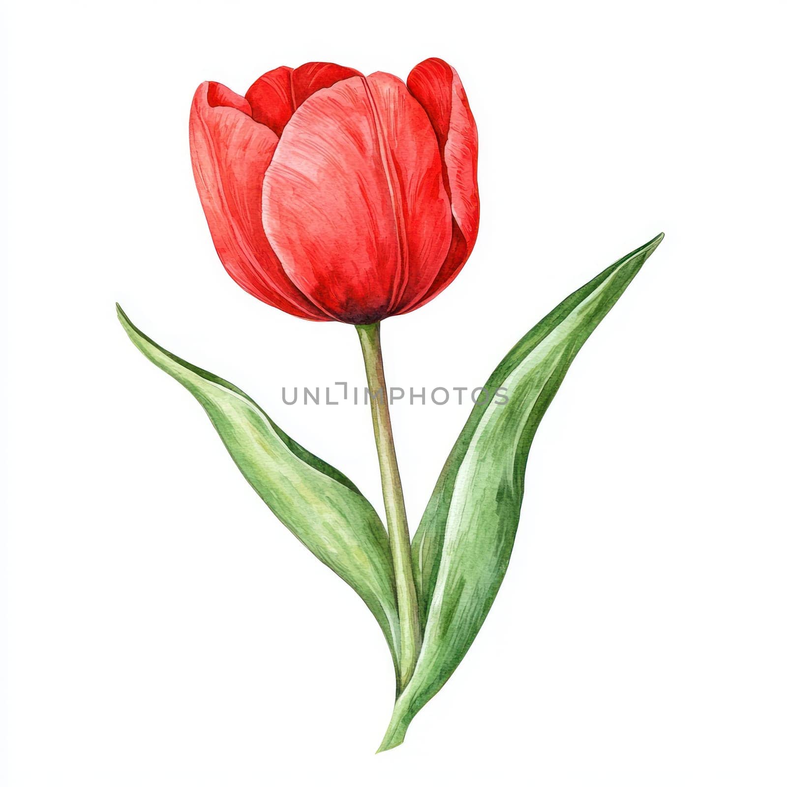 A vibrant red tulip with green leaves, showcasing natural beauty and elegance. Perfect for floral decor or botanical themes