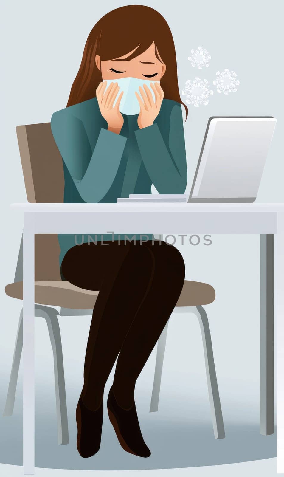 Ill girl: working hard, office productivity, battling sickness, focused effort, commitment at work, workplace challenge, determination despite illness, professional attitude,