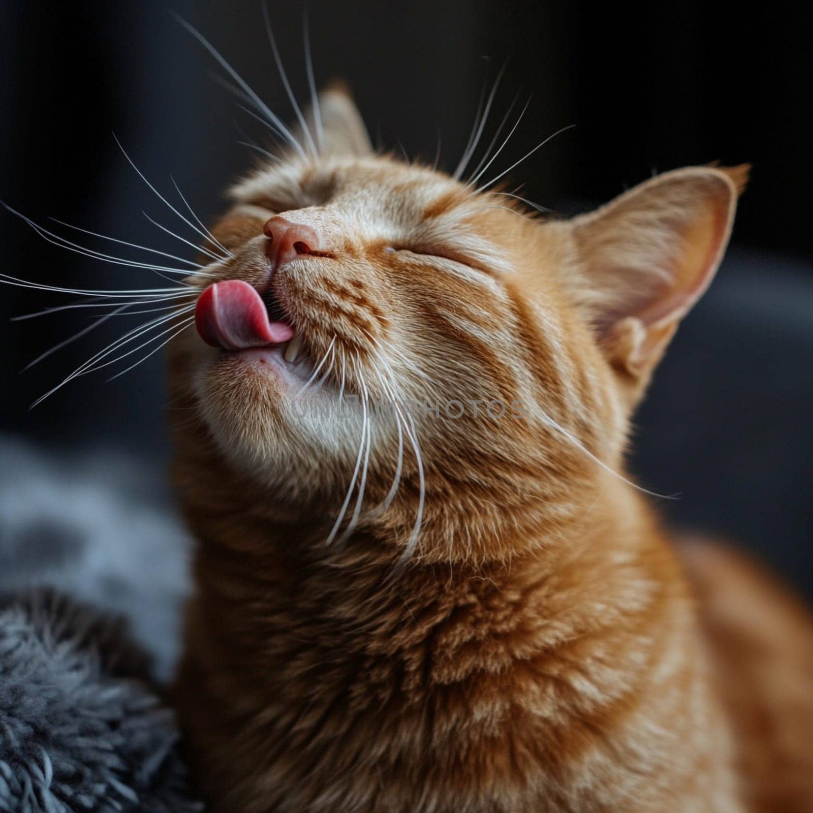 A content ginger cat savors a delightful moment by licking its nose in a cozy, dimly lit room.