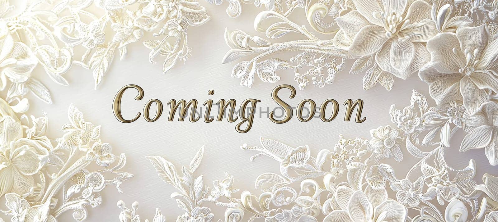 Luxurious wedding event banner featuring soft white and gold tones, intricate lace patterns, and elegant floral elements. serif fonts add sophistication, perfect for invitations, announcements, and event promotions. ideal for print or digital use.