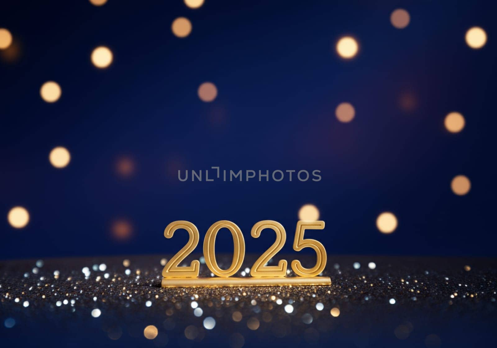 Glimmering lights create a festive atmosphere as golden numbers stand proud, welcoming the New Year of 2025.