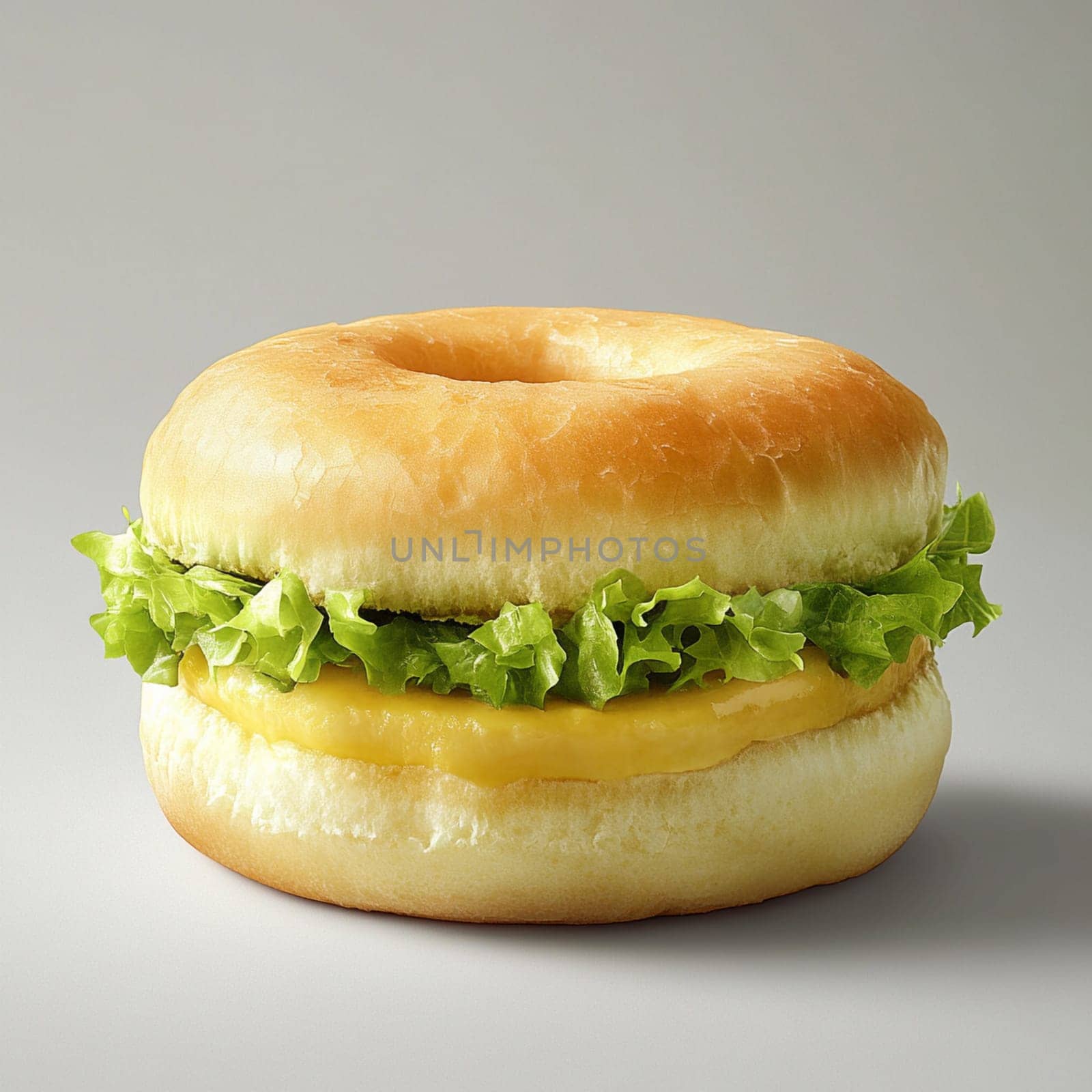 A toasted bagel sandwich filled with crisp lettuce and delicious melted cheese rests on a neutral background.