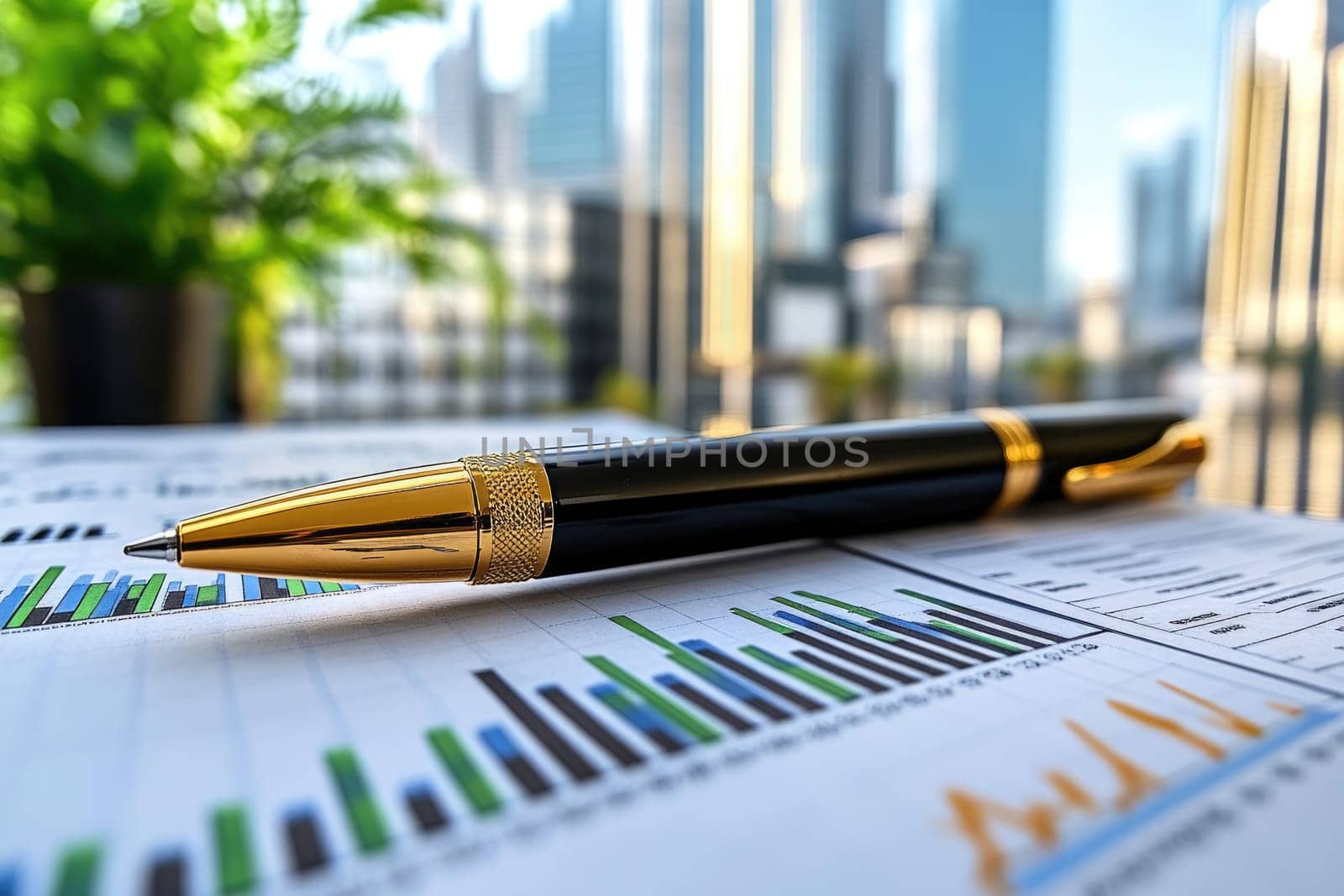 Business success idea: graph line, stock trend, financial document, rising market, ERP Gantt chart, commercial building exterior, urban background, project module, corporate growth strategy