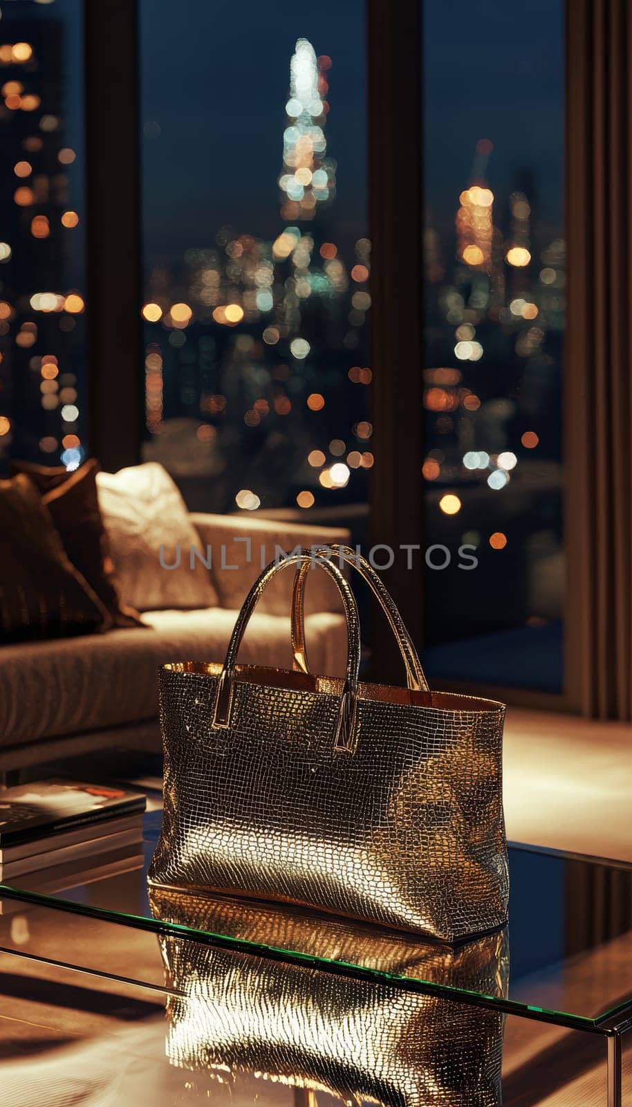 A luxurious metallic tote bag sits elegantly on a sleek glass table in a stylish penthouse apartment, with the vibrant city lights providing a stunning backdrop. the reflective surfaces create a sophisticated, urban ambiance.