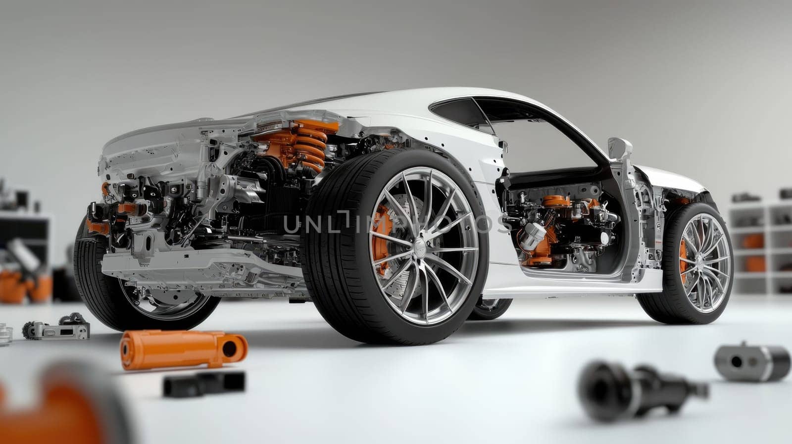 Car X-ray: disassembled car parts, transparent body, automotive engineering, suspension design, technological elements, interior design, innovative solutions, car mechanics, high technology