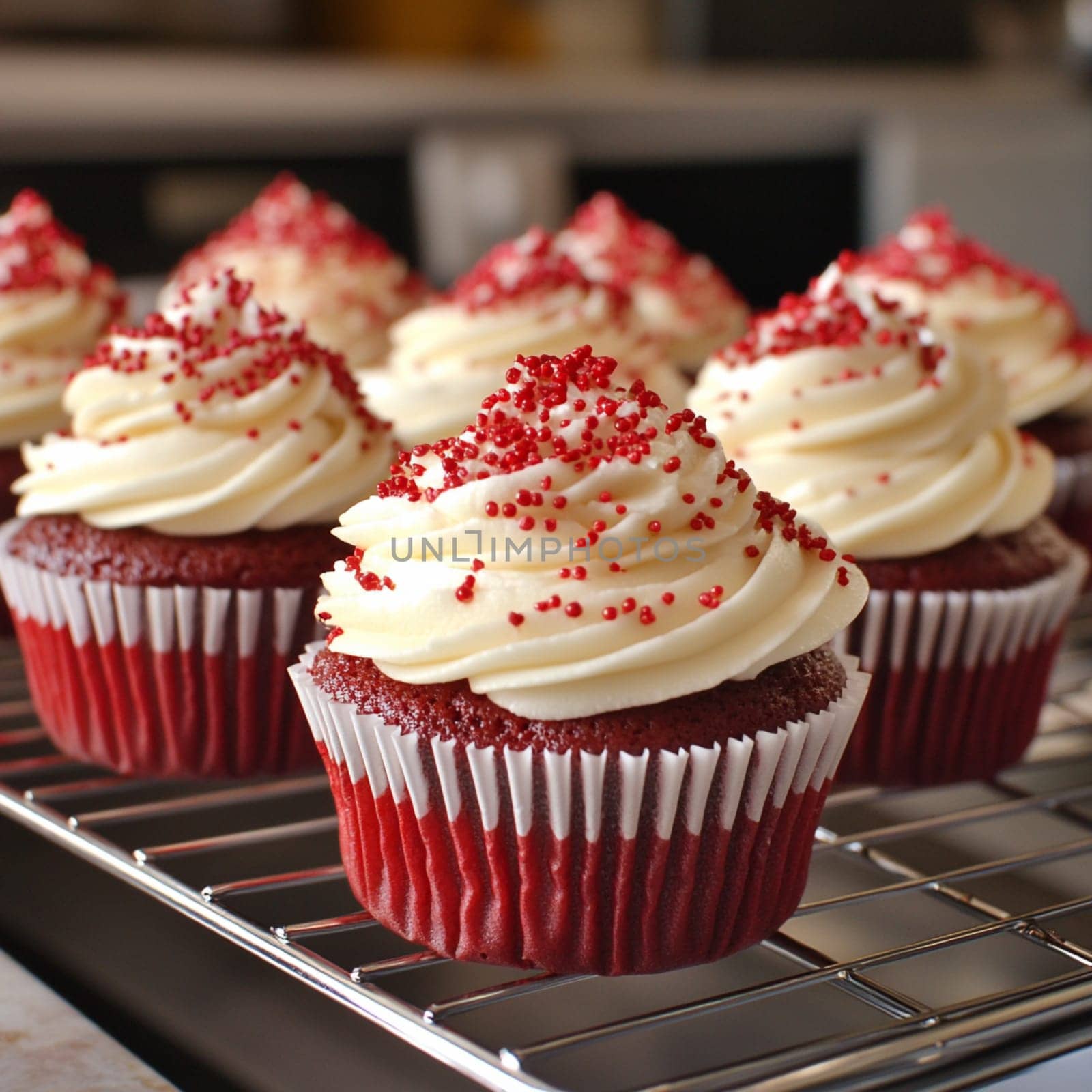 Sweet red velvet cupcakes topped with smooth cream cheese frosting and festive red sprinkles, freshly baked.