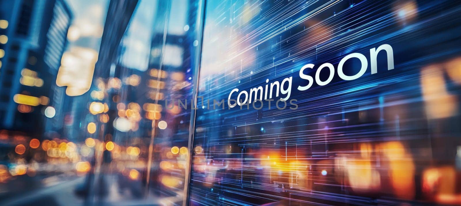 A contemporary coming soon design features a transparent glass effect over a blurred cityscape background. the subtle glowing lines and dynamic shadows add depth, creating an engaging visual perfect for marketing and promotional use.
