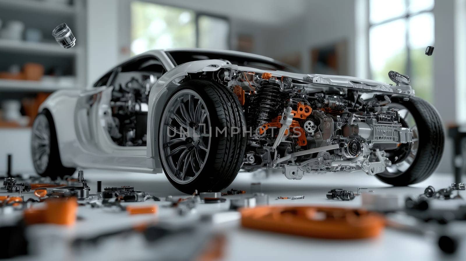 Car X-ray: disassembled car parts, transparent body, automotive engineering, suspension design, technological elements, interior design, innovative solutions, car mechanics, high technology