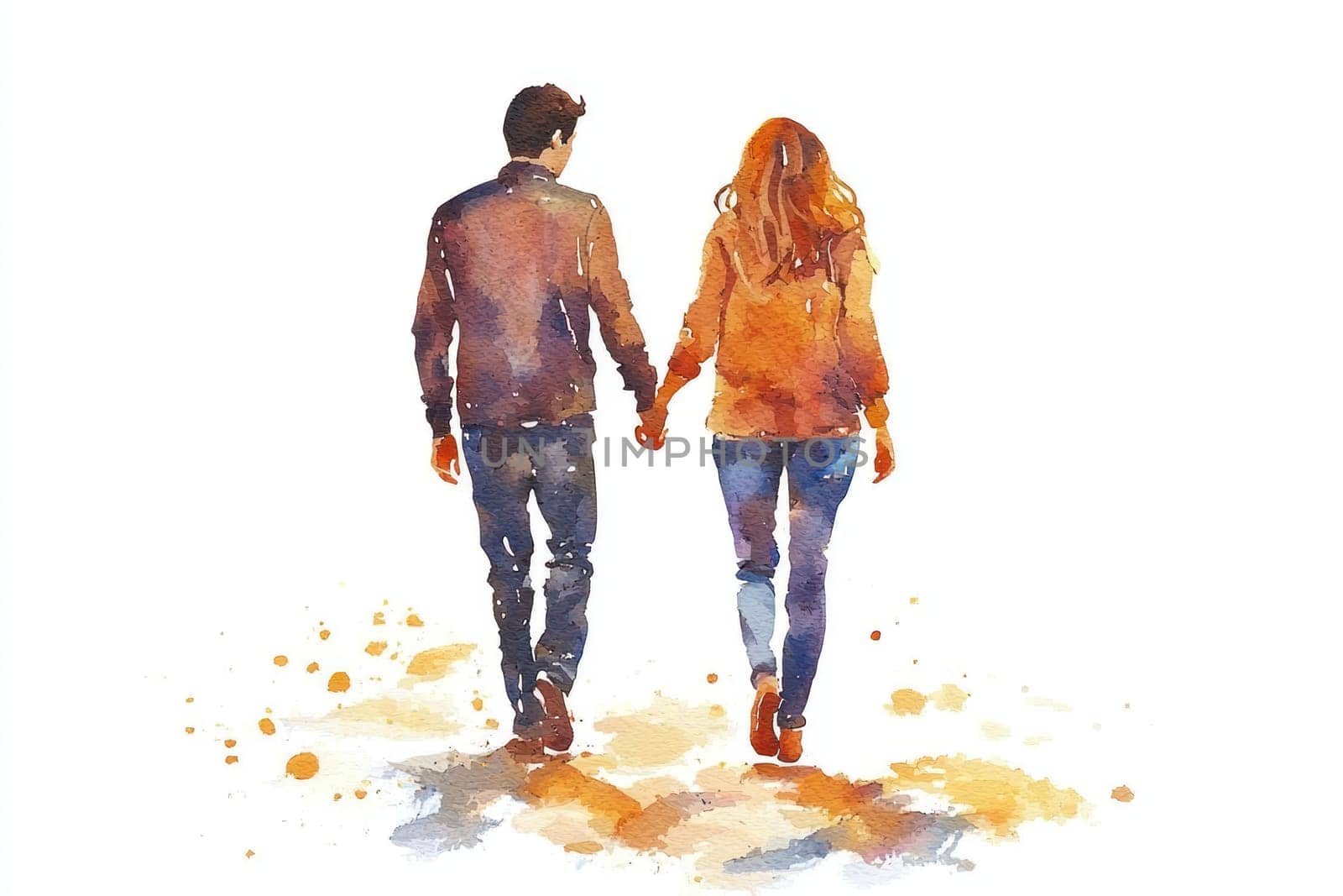 A couple walking hand in hand, enjoying romantic moment together. Their connection is beautifully captured in watercolor style