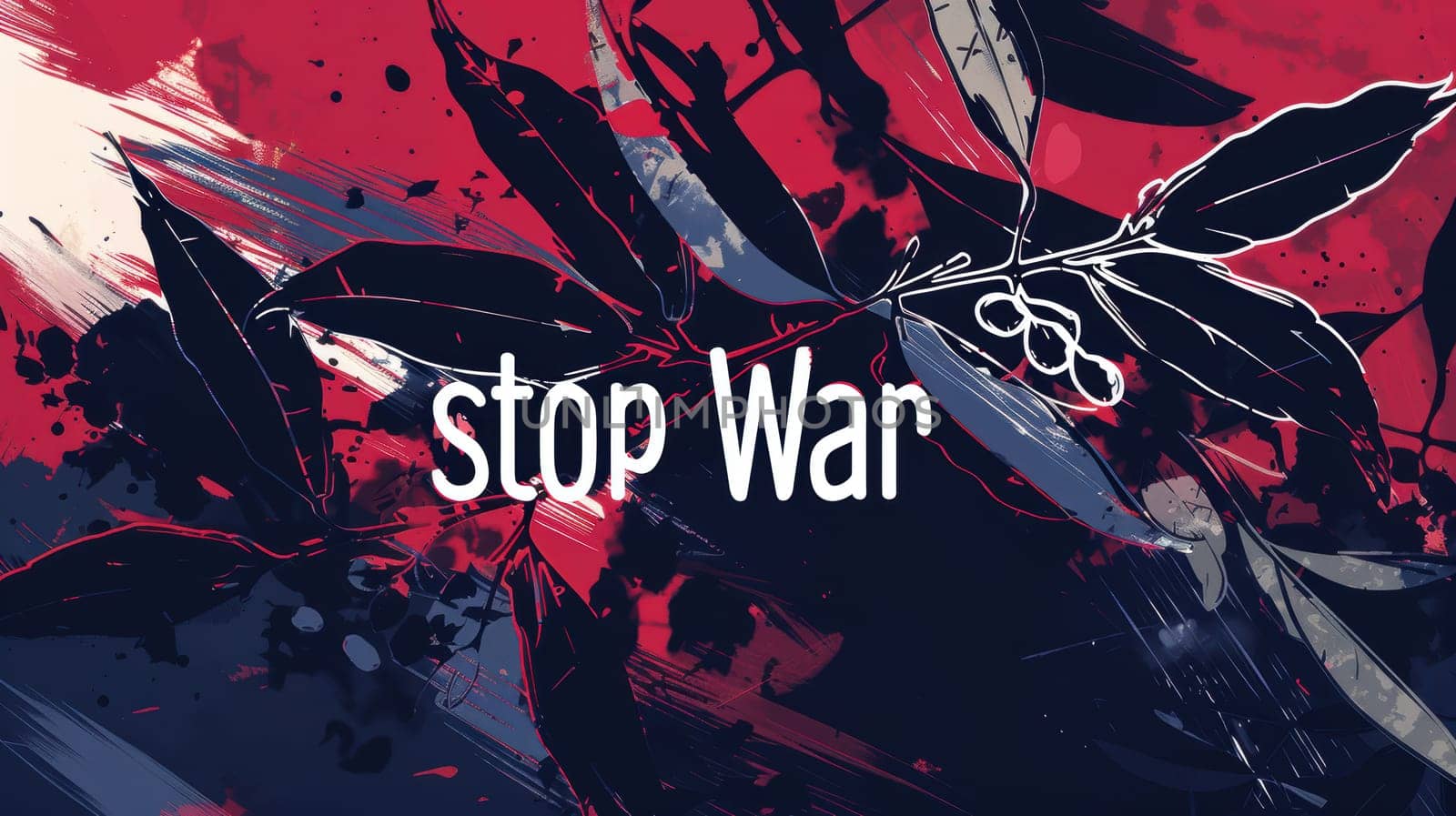 Vivid abstract art with dominant red and black tones, symbolizing the chaos of war. a white olive branch pierces through, representing peace. the bold stop war message emphasizes anti-violence, creating an impactful visual statement.