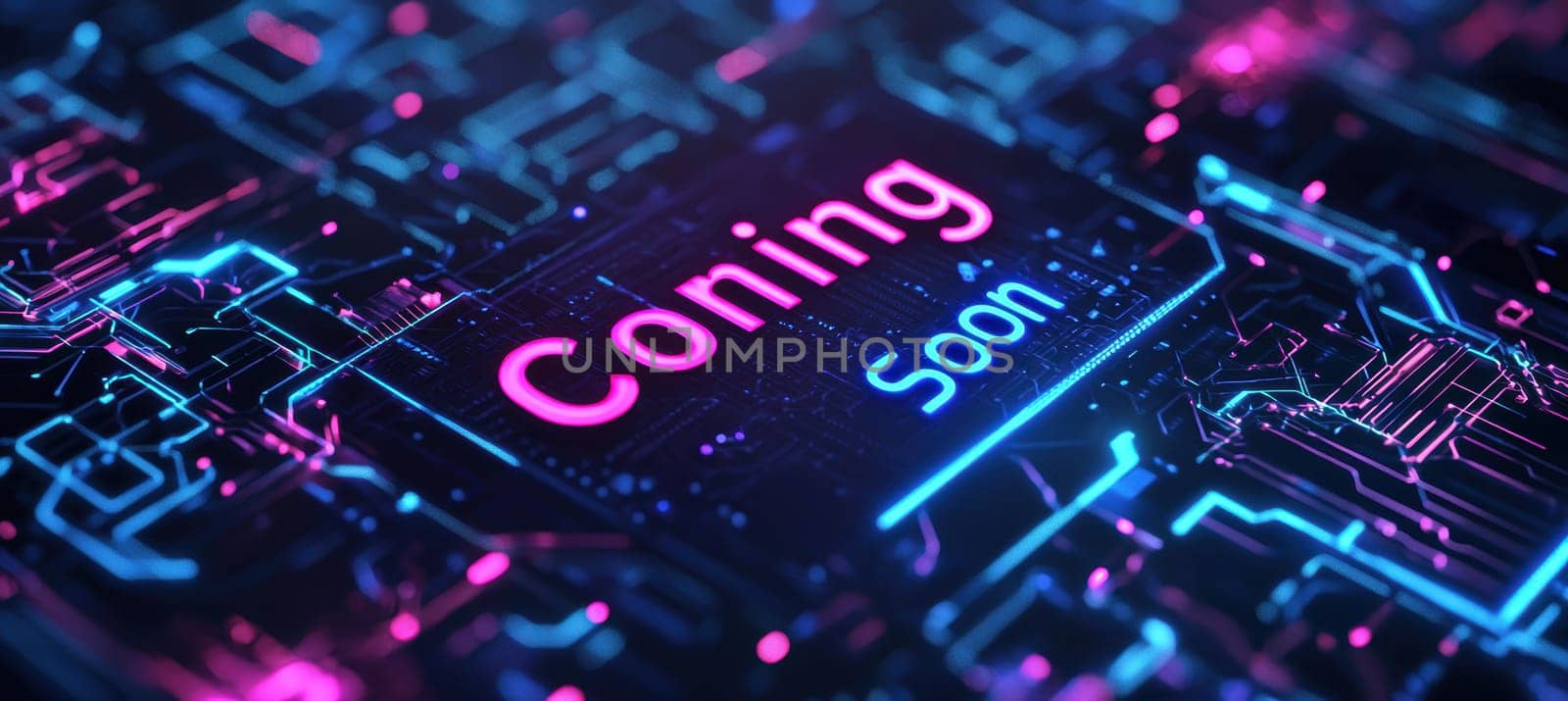 Futuristic coming soon banner featuring a digital interface with neon blue and pink circuit patterns. the sleek, minimal text sits against a dark background, ideal for tech-themed announcements or design elements in digital media.