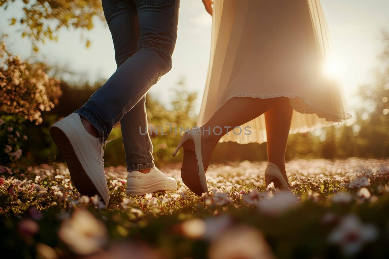 Loving couple walking in field. feet close up on walking on a flower landscape. High quality illustration
