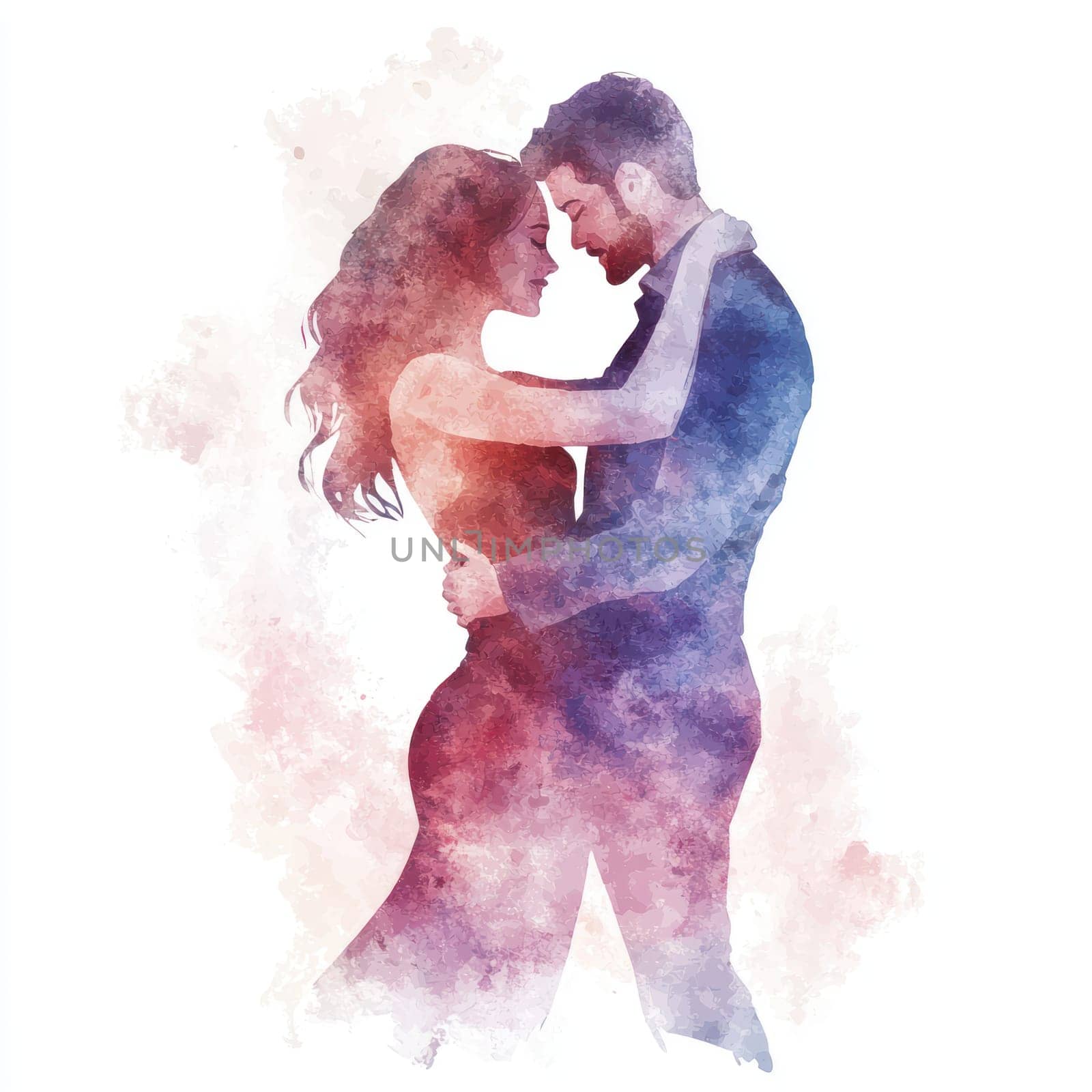 A romantic couple dancing closely, surrounded by colorful watercolor background, expressing love and connection