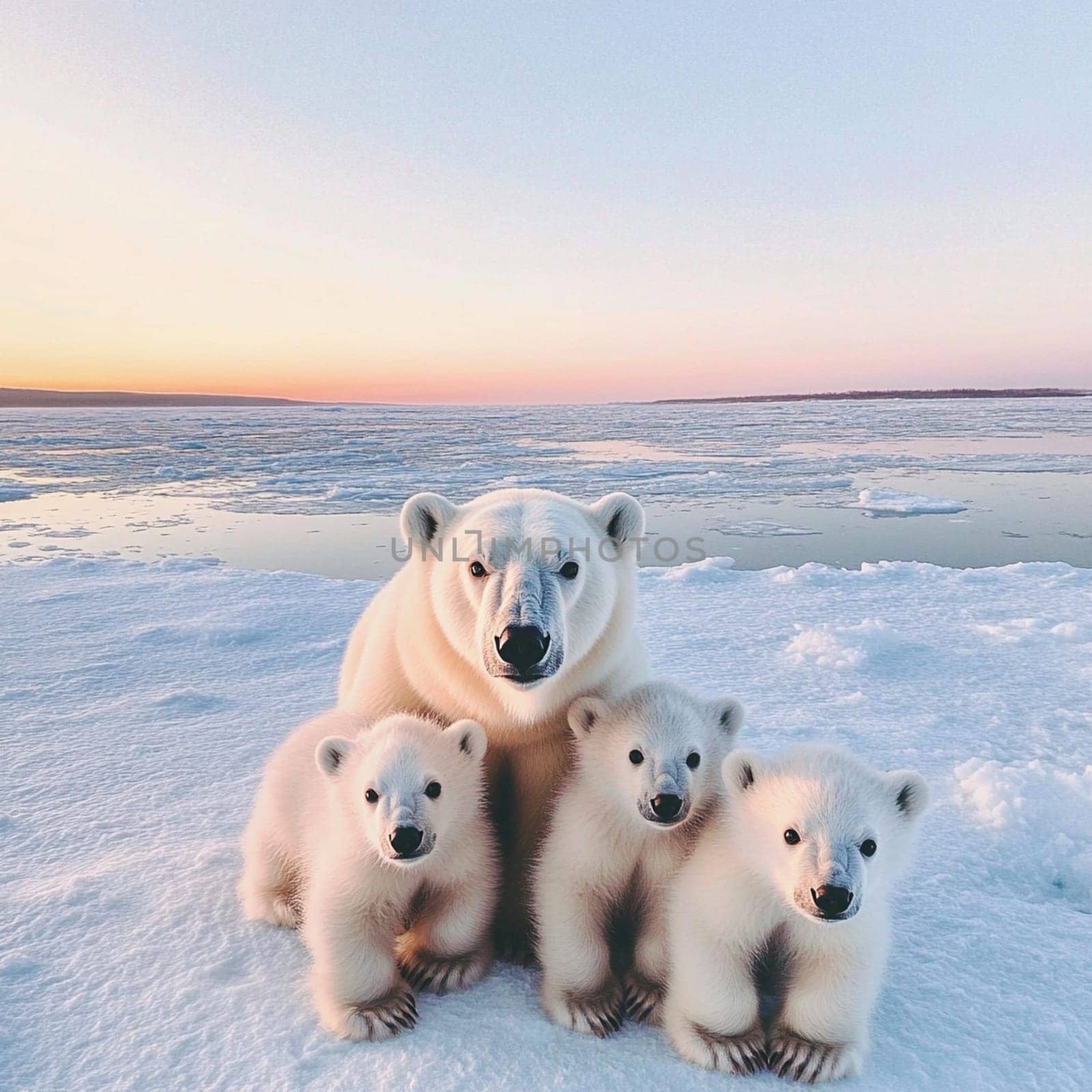 A happy polar bear family relaxes in the snow as the sun sets over a peaceful icy landscape.