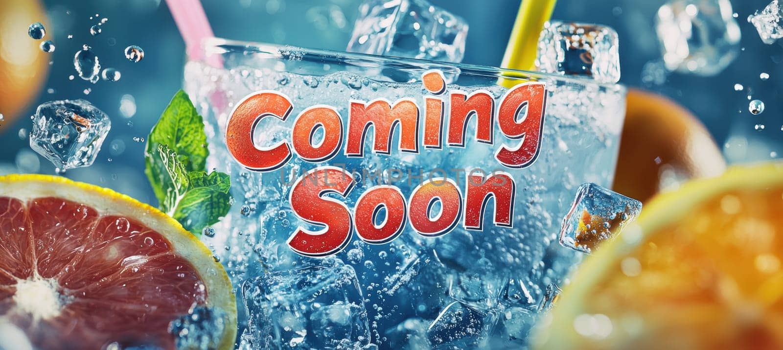 Vibrant banner showcasing splashes of water with citrus fruits and ice cubes, enhanced by bold, lively text. ideal for a refreshing beverage promotion, capturing the essence of freshness and anticipation.