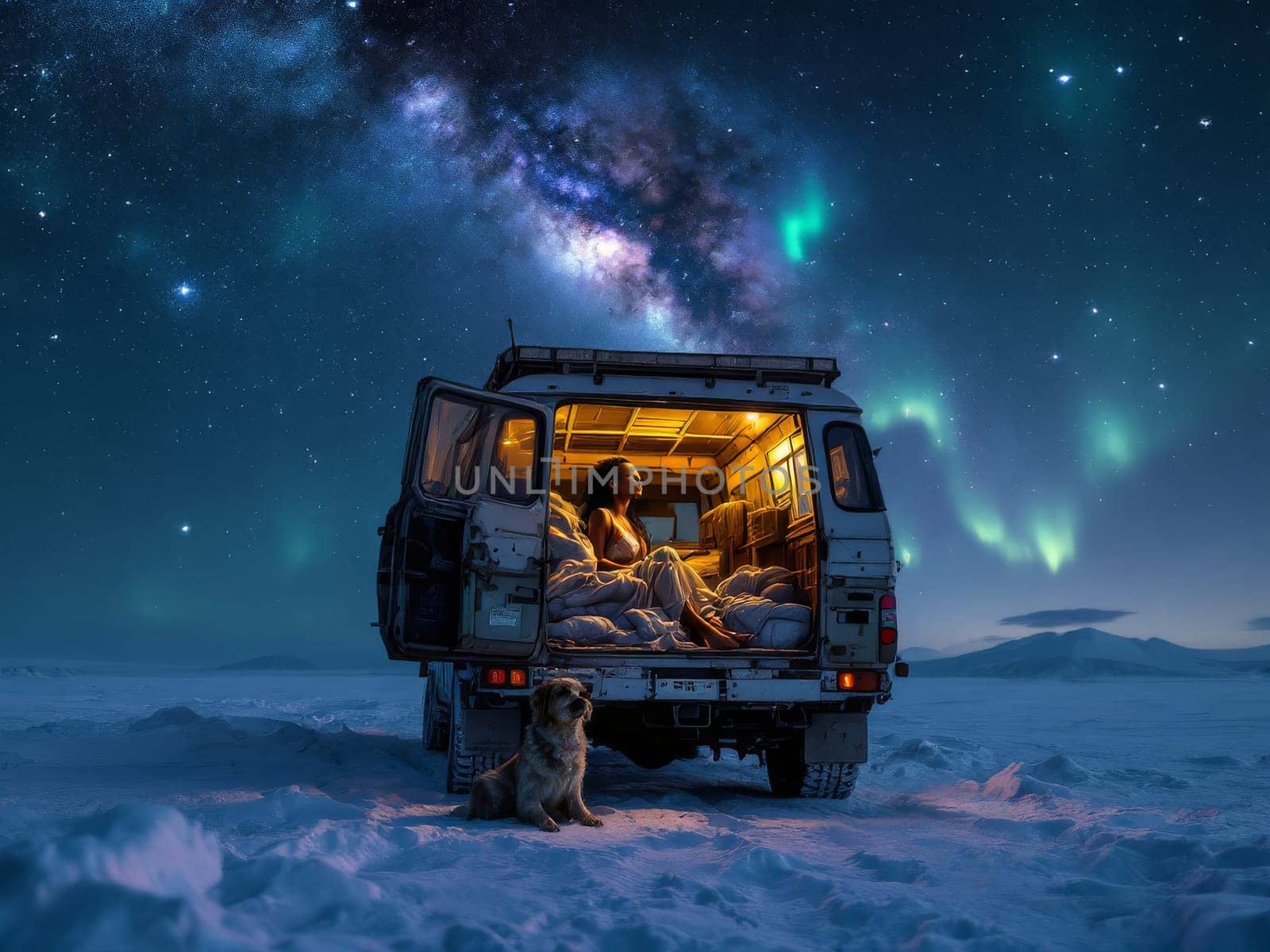 Woman lying in a camper van bed, admiring the Milky Way and Aurora Borealis in a snowy landscape, accompanied by her dog. Ai generated