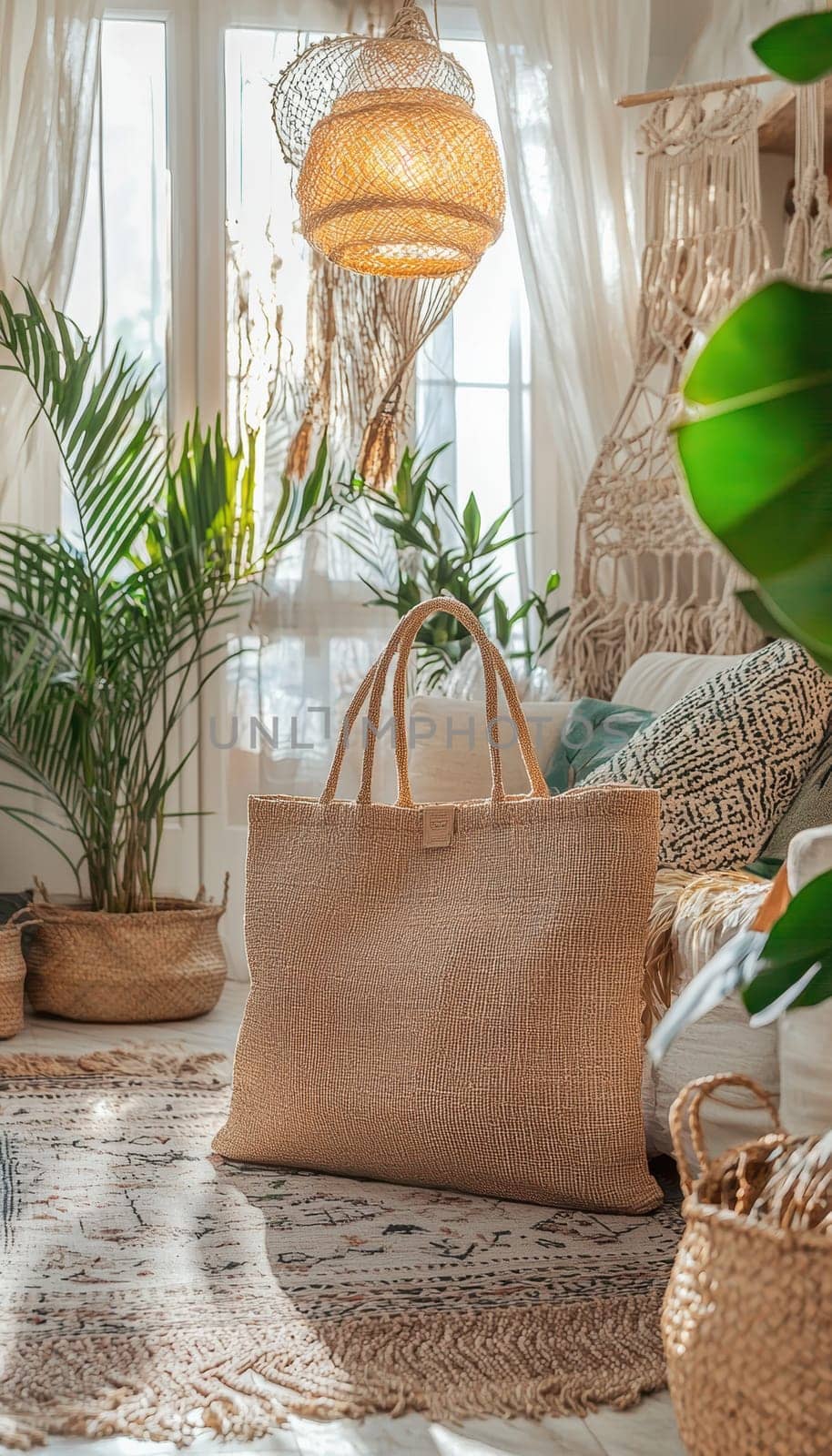 A chic jute tote bag placed in a boho-inspired living room, accented with macrame decor and lush potted plants. soft lighting enhances the cozy and inviting atmosphere, natural textures and earthy tones.