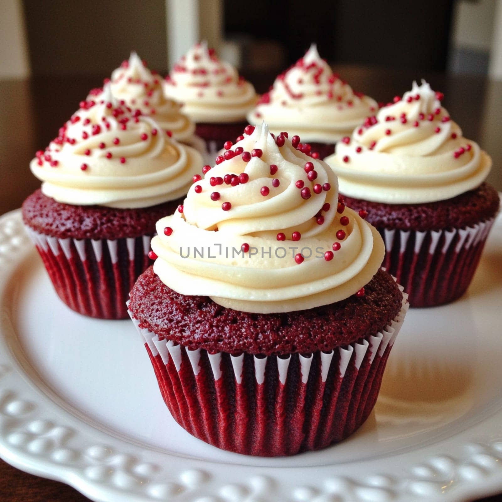 A tempting display of red velvet cupcakes with swirl frosting and vibrant sprinkles inviting everyone to indulge.