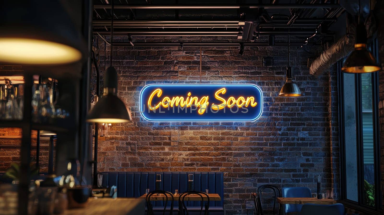 A vibrant neon coming soon sign illuminates an industrial-style cafe with exposed brick walls. the warm, ambient lighting and sleek furnishings enhance the modern, trendy atmosphere, perfect for promotional and design inspiration.