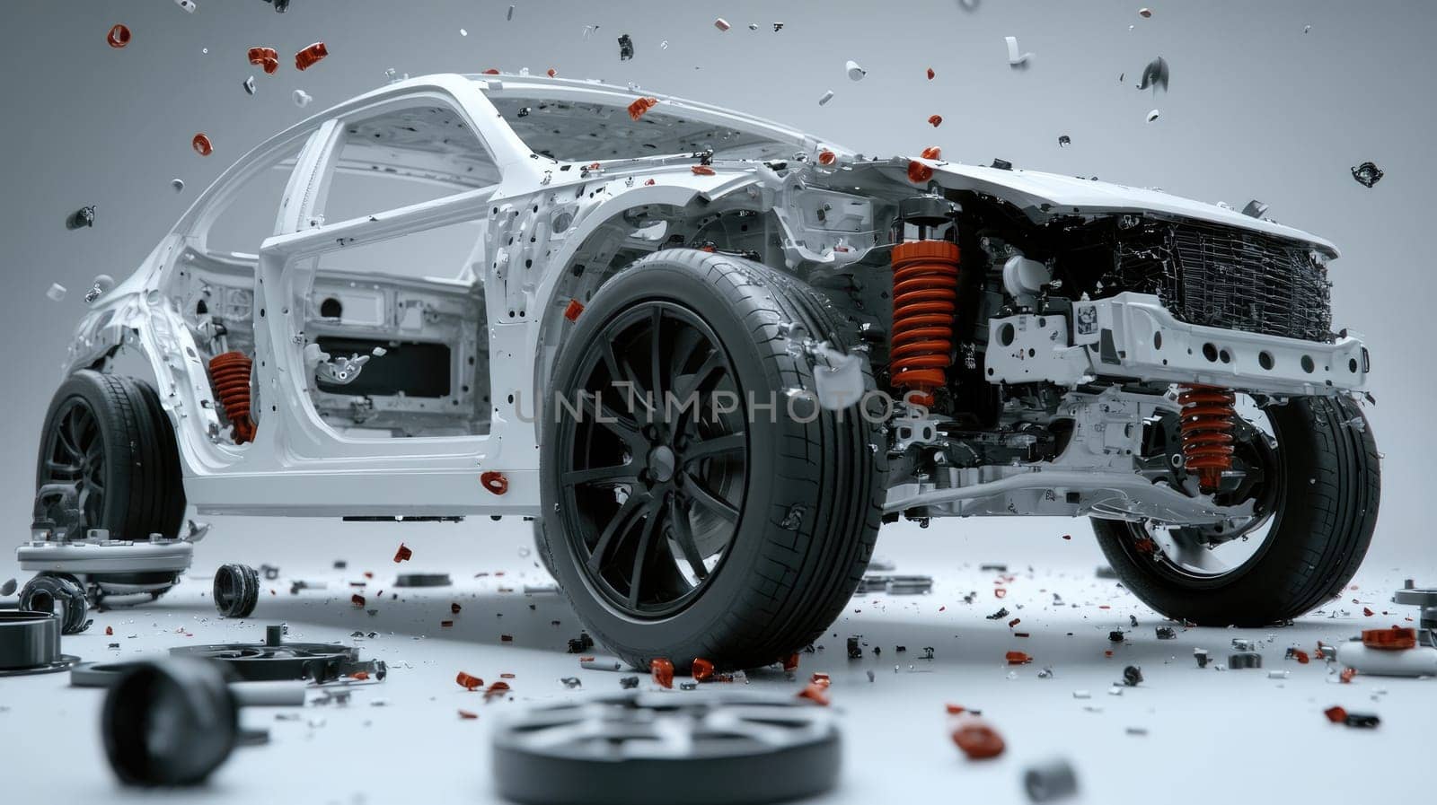 Car X-ray: disassembled car parts, transparent body, automotive engineering, suspension design, technological elements, interior design, innovative solutions, car mechanics, high technology