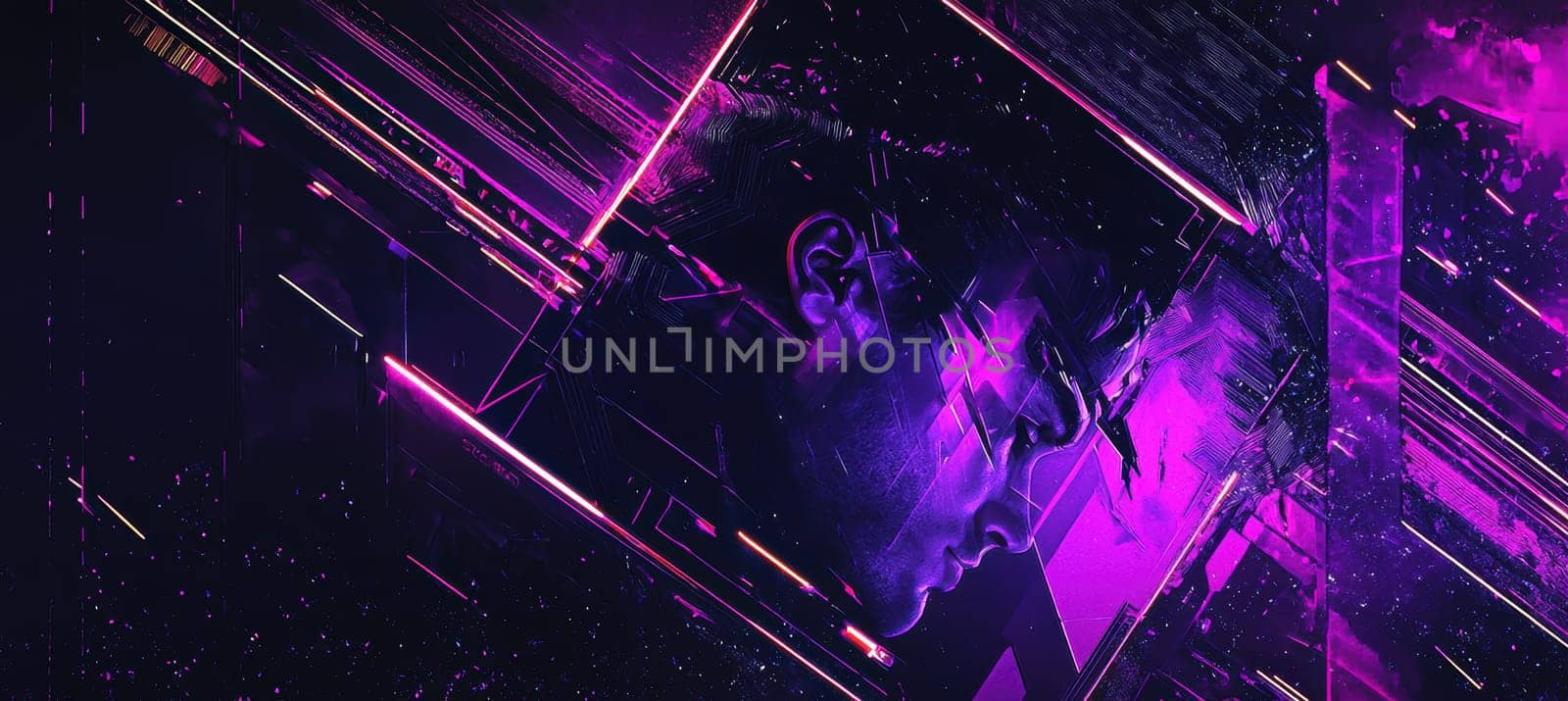 A visually striking digital artwork featuring a sleek neon purple color scheme with abstract glitch designs. the futuristic theme is highlighted by a rectangular frame and geometric patterns, perfect for modern design and technological concepts.