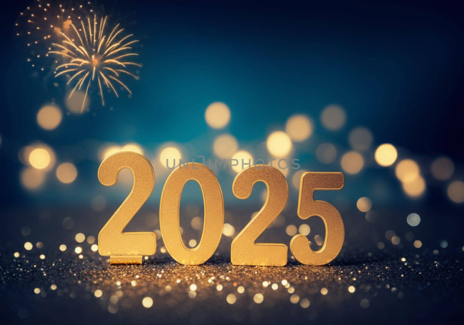 Golden 2025 gleams amidst twinkling lights and fireworks, embodying the joyous spirit of New Year celebrations.
