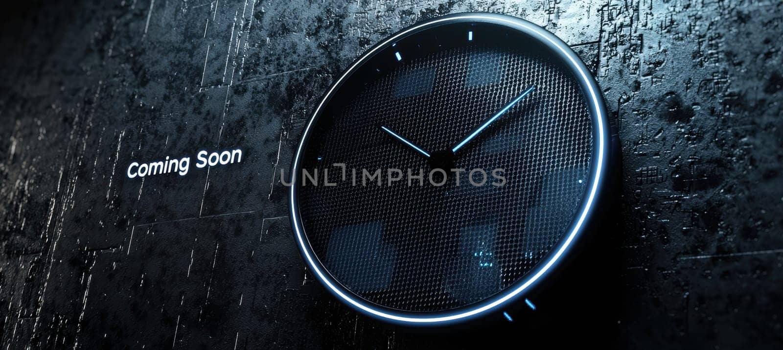 Modern, sleek banner for an upcoming watch release featuring a metallic textured background. includes a glowing clock face silhouette and minimalist typography, perfect for luxury brand promotions, advertising, or digital displays.