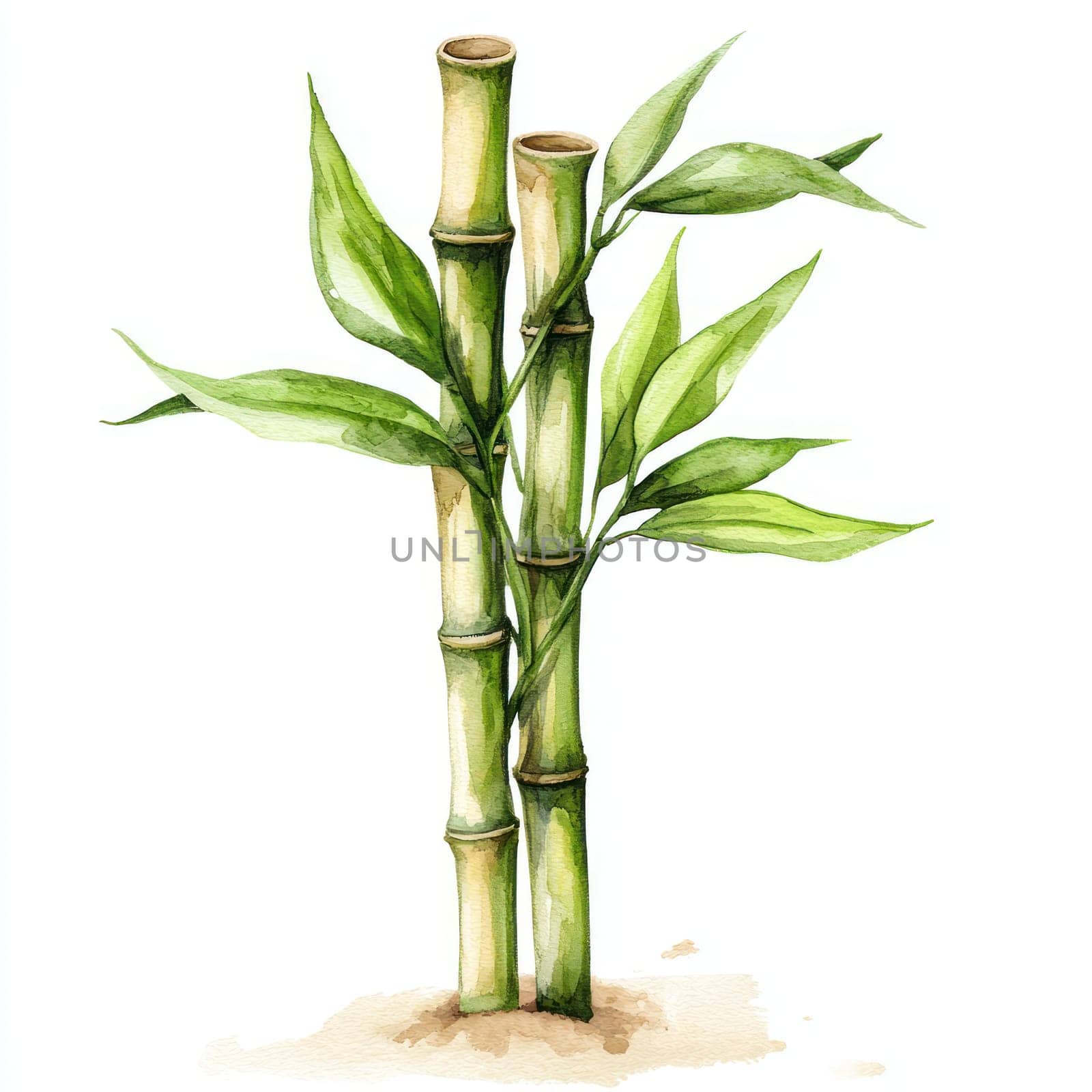 A Watercolor bamboo shoots with vibrant green leaves, showcasing nature beauty