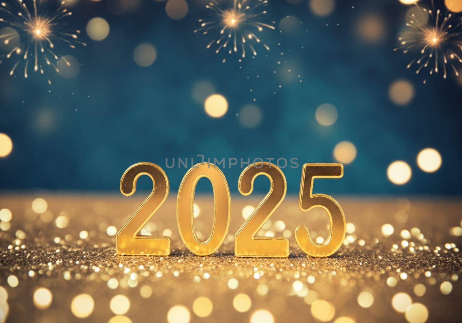 Golden numbers glimmer under festive lights, welcoming 2025 amidst bursts of colorful fireworks and joy.