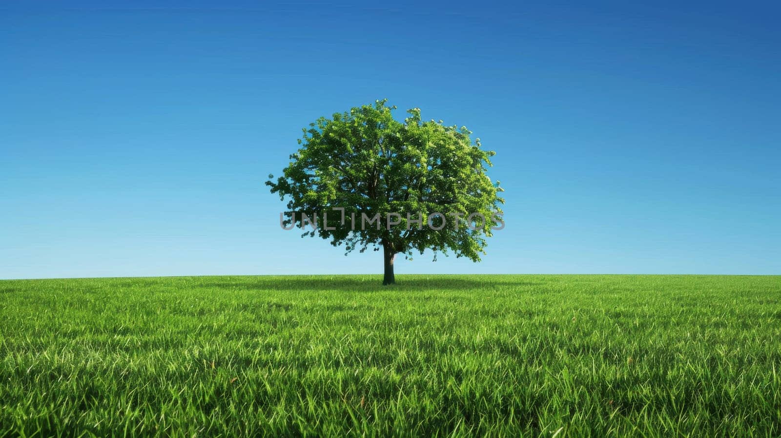 A lone, majestic tree stands in a vibrant green meadow, symbolizing stability and growth. the scene is set beneath a clear blue sky adorned with soft, white clouds, the purity and tranquility of the natural landscape.