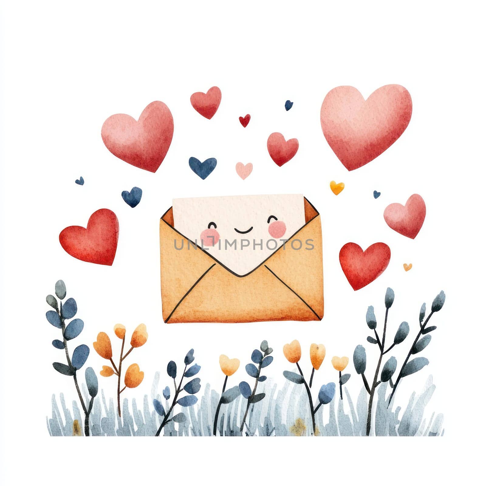 A Cute envelope surrounded by colorful hearts and flowers, expressing love and joy. Perfect for romantic themes and greetings