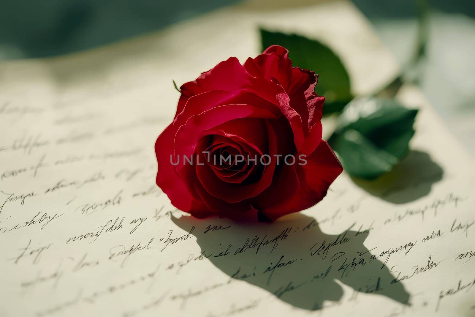 single red rose lying on handwritten poem, symbolizing love and emotion. soft light enhances romantic atmosphere..