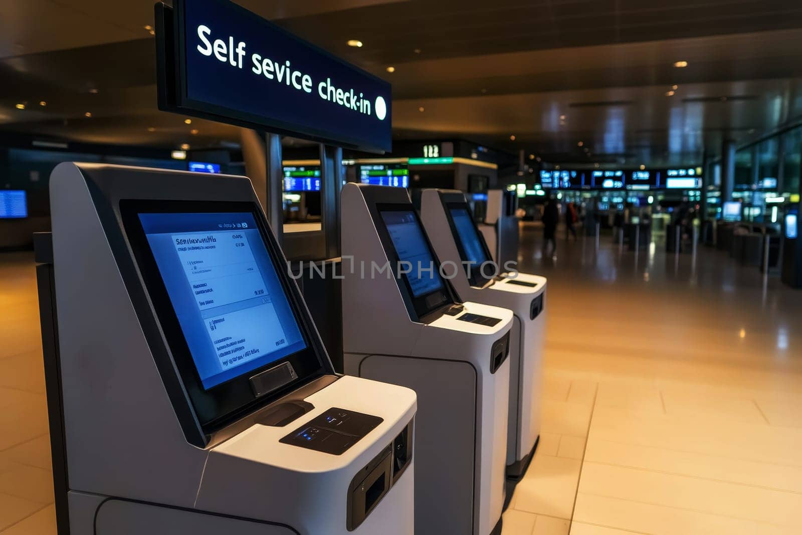 Modern check-in counters with self service kiosks in airport. generative ai..