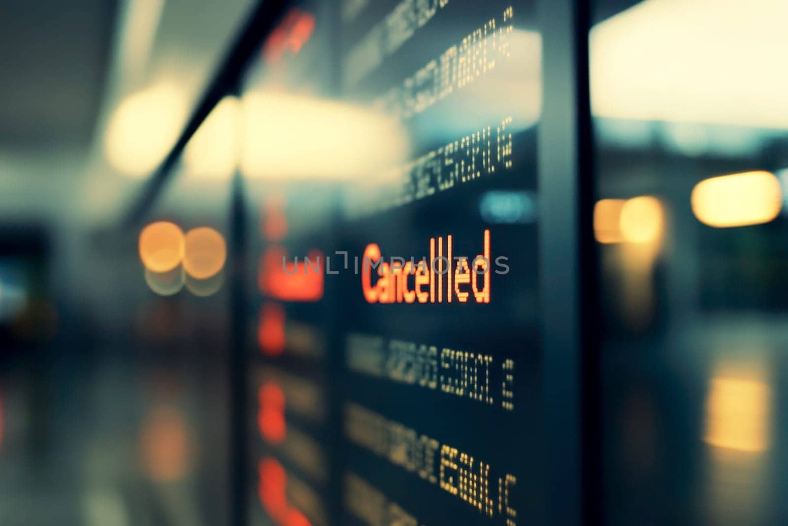 View of Cancelled flight display on Flight boarding in airport. generative ai..