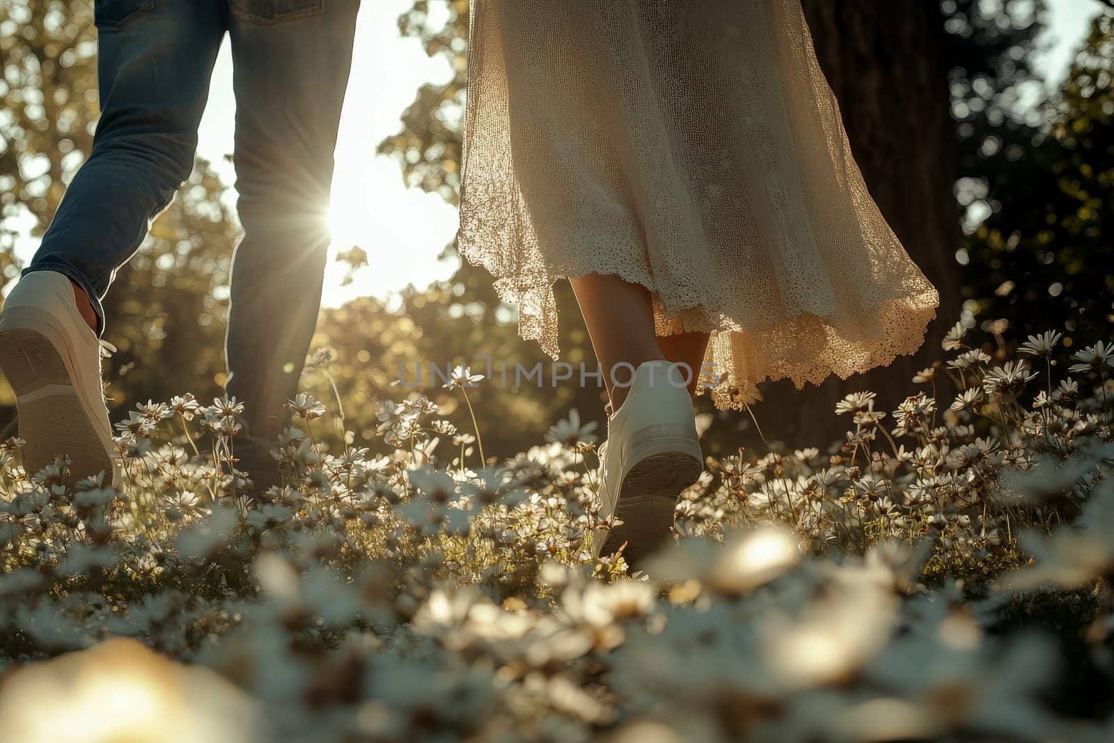 Loving couple walking in field. feet close up on walking on a flower landscape..