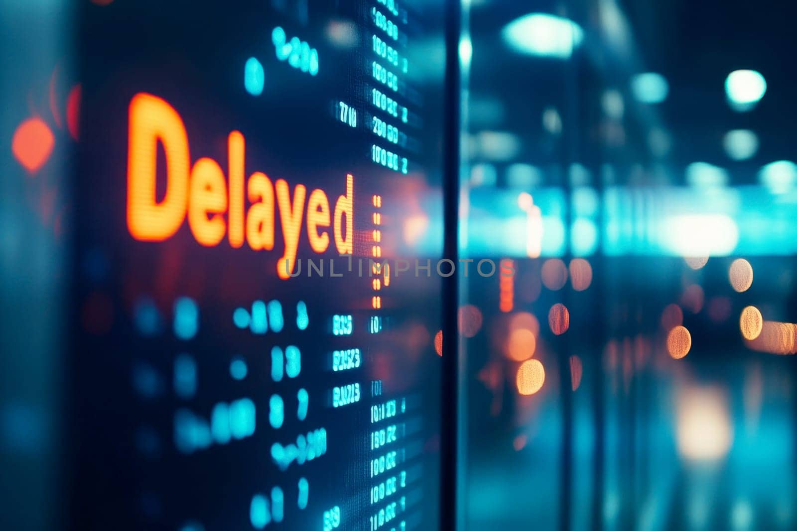 Delayed Flights. Airport Departure Board Reflecting Widespread Disruptions..