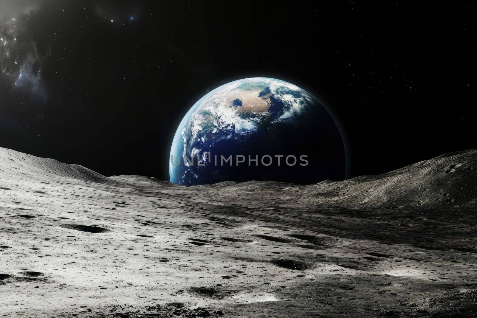 Breathtaking View of Earth from the Lunar Surface in Space. generative ai.