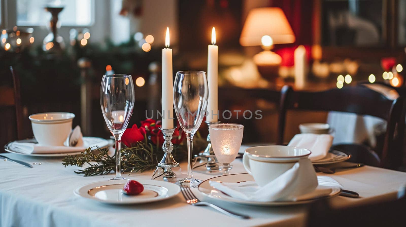 Festive table setting with candles and arrangement of beautiful red flowers. Holiday concept. High quality photo