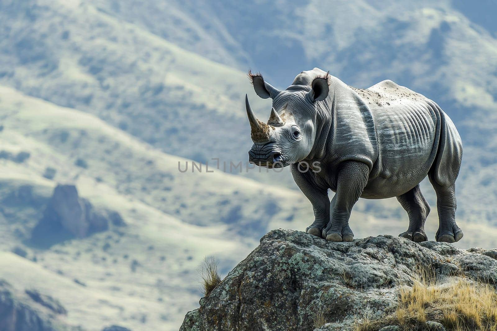Black wild Rhinoceros Standing on big Rocky Terrain with Scenic Landscape Background for Text Overlay --ar 3:2 --v 6.1 Job ID: 0d850c6b-3287-4d1b-88cc-c800a9cb1919