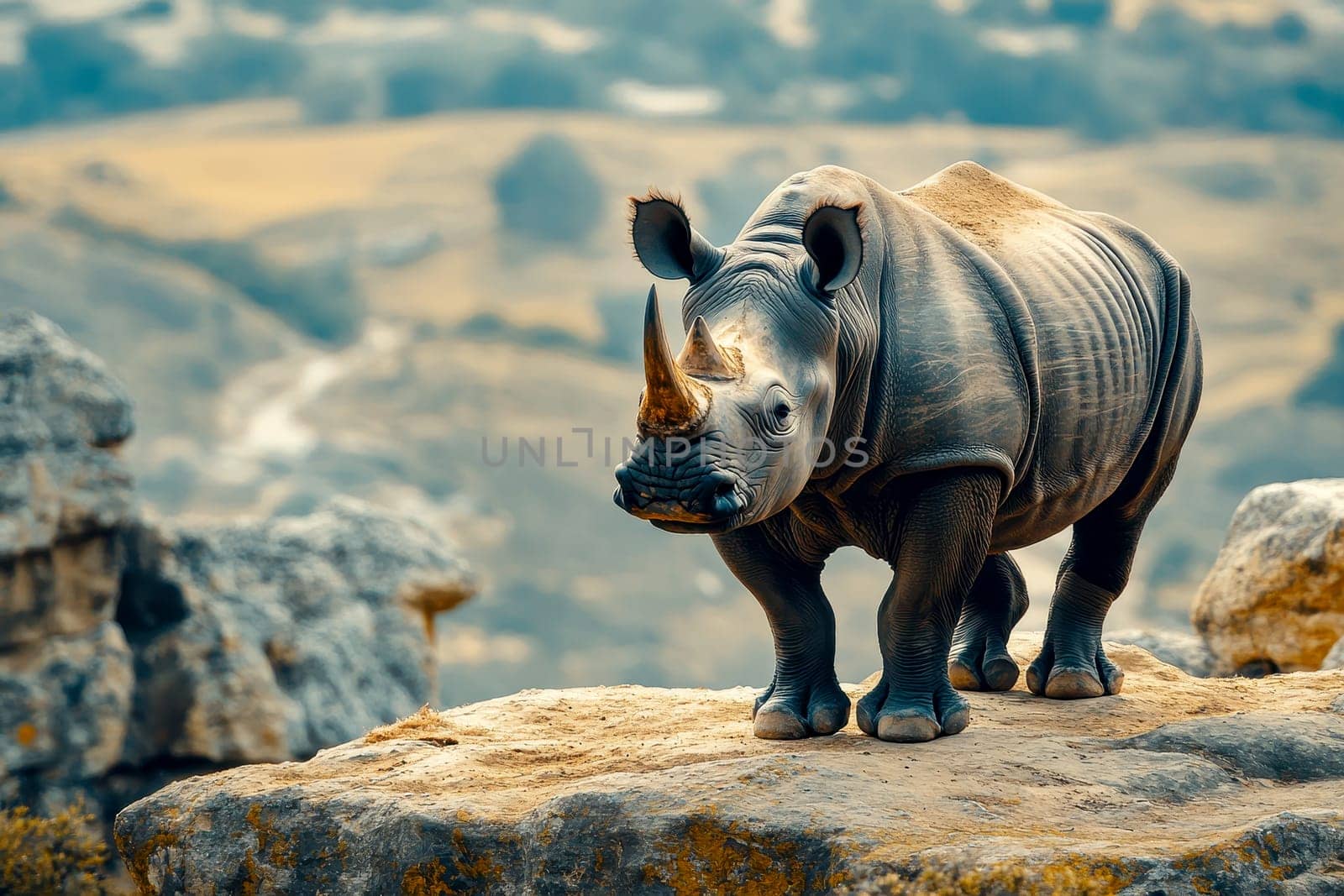 A Rhinoceros Standing on Rocky Terrain with Scenic Landscape Background. generative ai ..